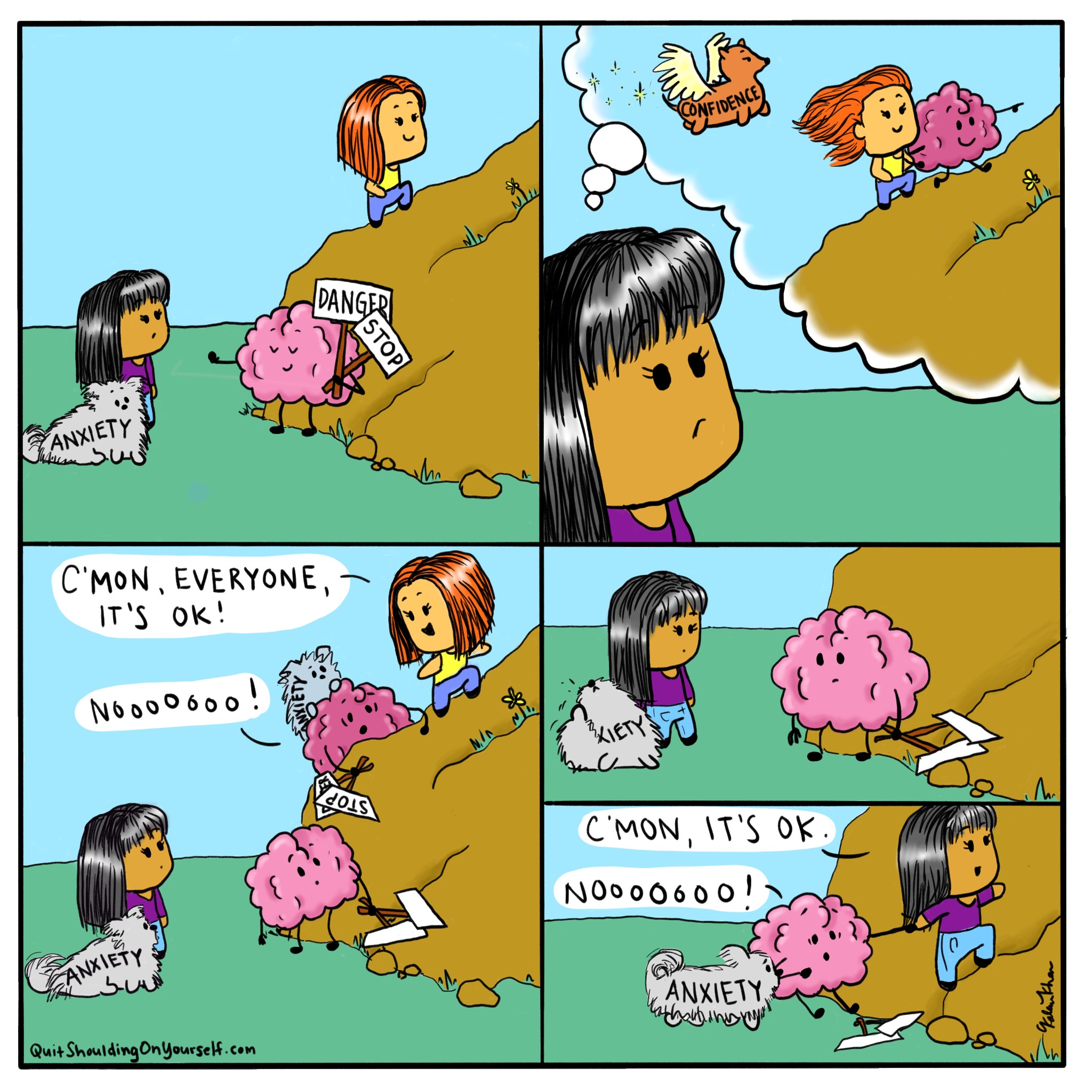 Anxious girl comparing herself to a successful person who secretly also has fears